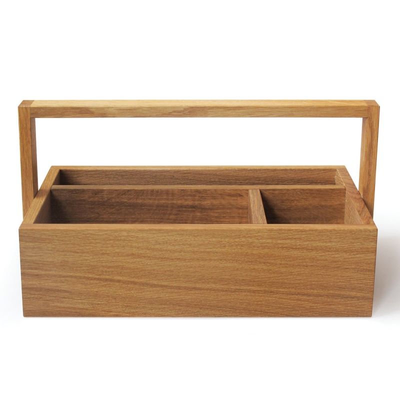 Werkzeugbox "All you need Side by Side" aus hellem Holz mit Tragegriff und Fächern.